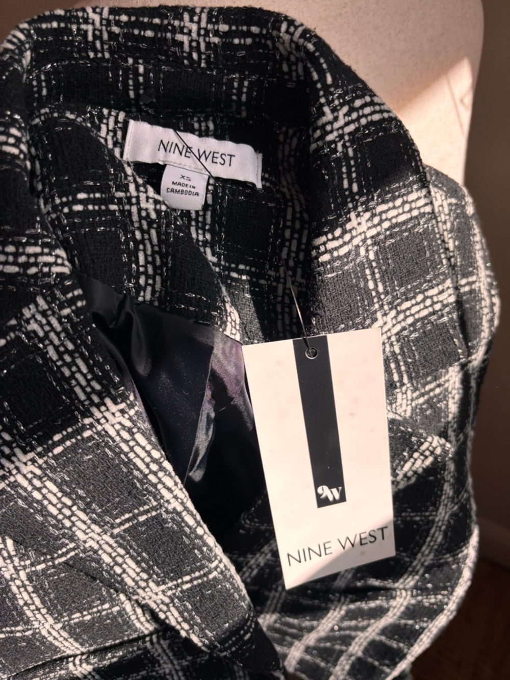 NWT Nine West XS Black White Tweed Cropped Blazer Plaid Jacket Classic Chic - Picture 5 of 6